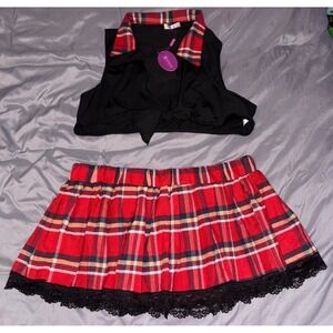 NEW AvidLove Red Plaid 2pc Tie Crop Top & Skirt Schoolgirl Lingerie Set, XL